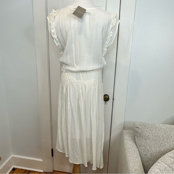 ANTHROPOLOGIE TRYB IVORY SLEEVELESS RUFFLE DRESS ASYMMETRICAL HEM SIZE LARGE - Picture 3 of 7